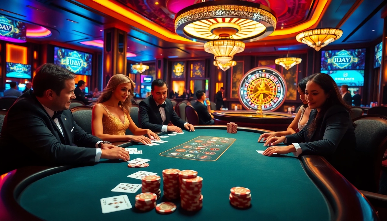 8DAY players strategizing at a high-stakes poker table with vibrant casino ambiance.