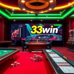 33win online casino experience with vibrant tables, cards, and a digital betting interface.