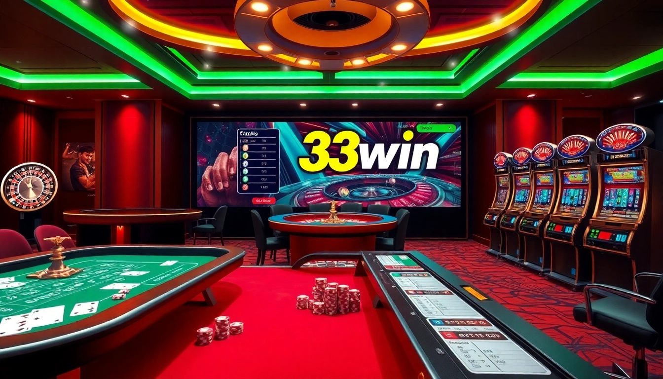 33win online casino experience with vibrant tables, cards, and a digital betting interface.