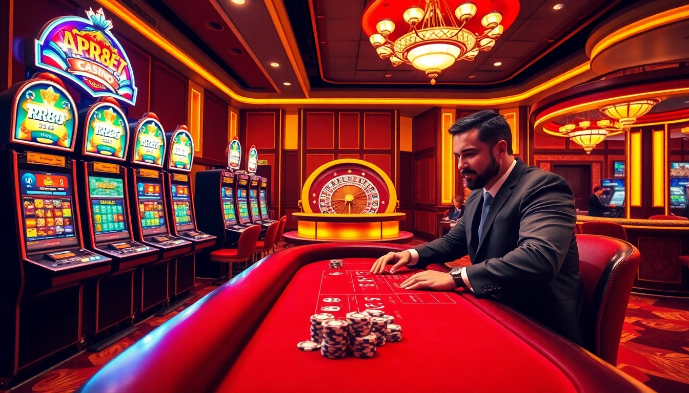 Experience the excitement of RR88 with vibrant casino elements, slot machines, and poker tables.
