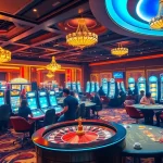 Players enjoying thrilling games at NEO79 Casino's luxurious gambling floor.