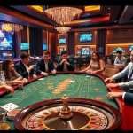 Players enjoying the vibrant Cổng Game XIN88 casino experience with a luxury gaming table and roulette wheel.