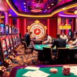 Experience the thrill of slot online at a luxurious casino filled with vibrant slot machines and gaming tables.