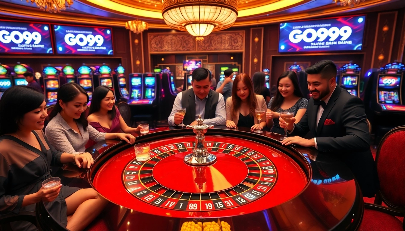 Players enjoying a vibrant roulette game at GO99 Casino, with dazzling poker chips and lights.