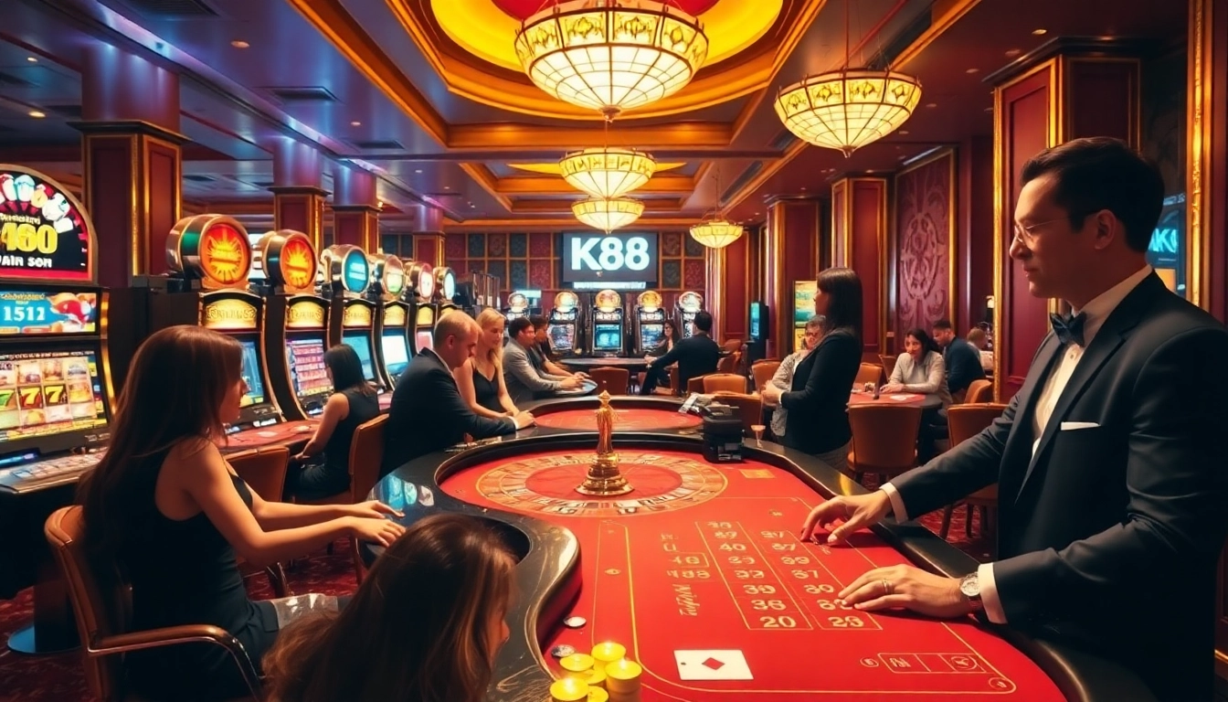 K88 casino scene showcasing enthusiastic players at roulette and poker tables.