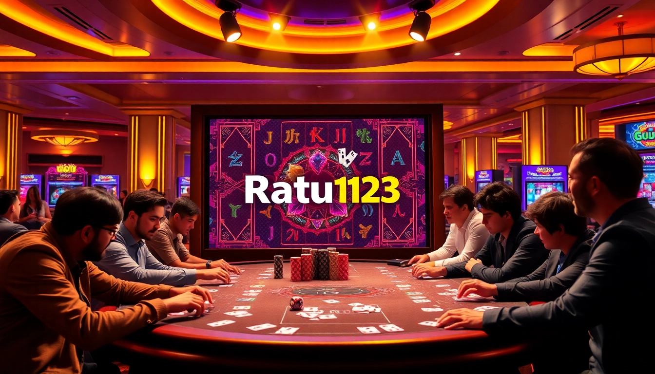 Atmosfer kasino yang menarik menampilkan mesin slot Ratu123 dengan pemain menikmati permainan taruhan tinggi.