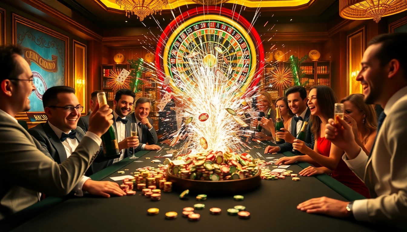 Celebrate the explosion of a prize-winning lottery with ecstatic gamblers at a vibrant casino table.