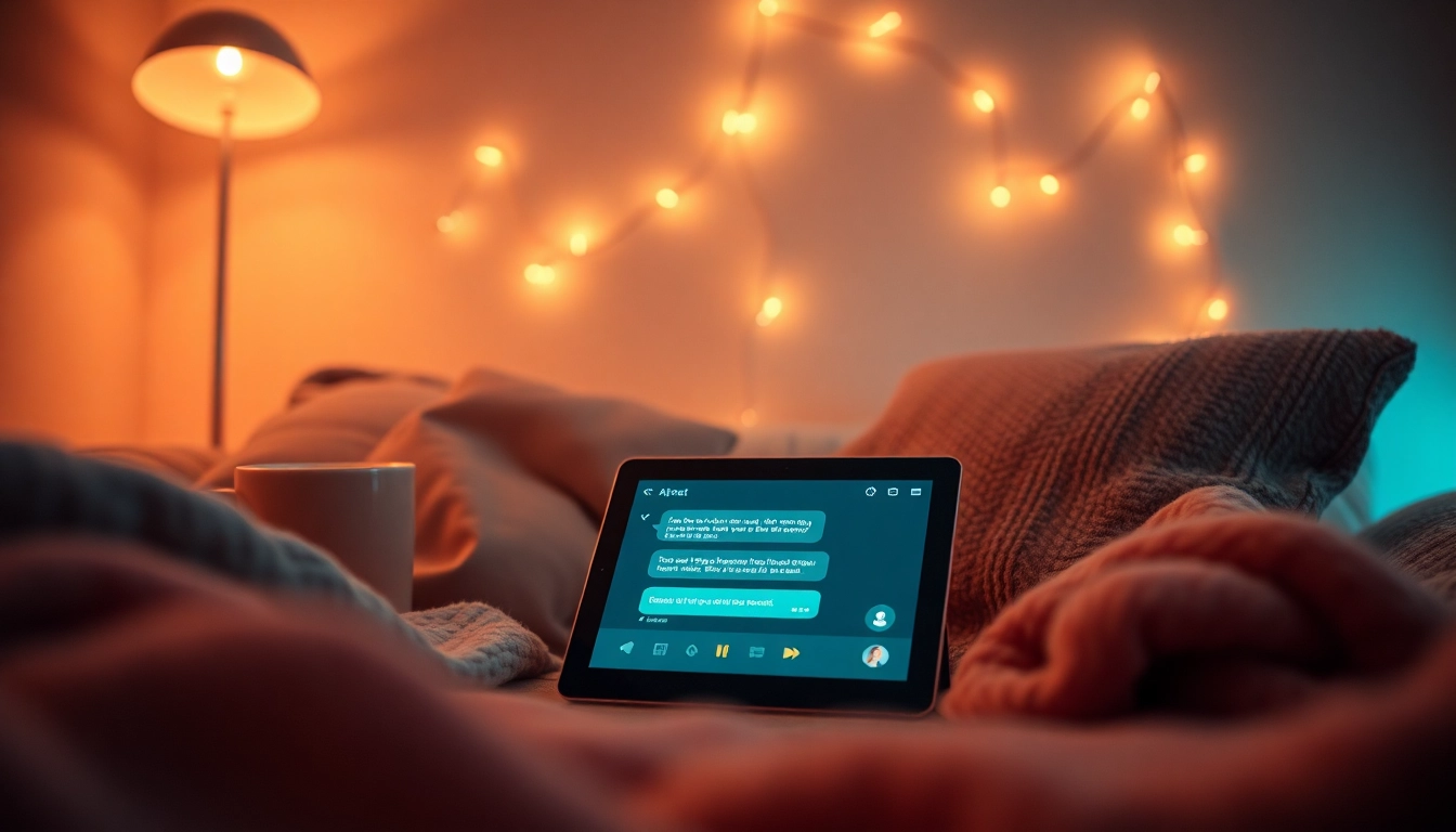 Engaging AI chat porn experience in a cozy, intimate setting with digital interface.