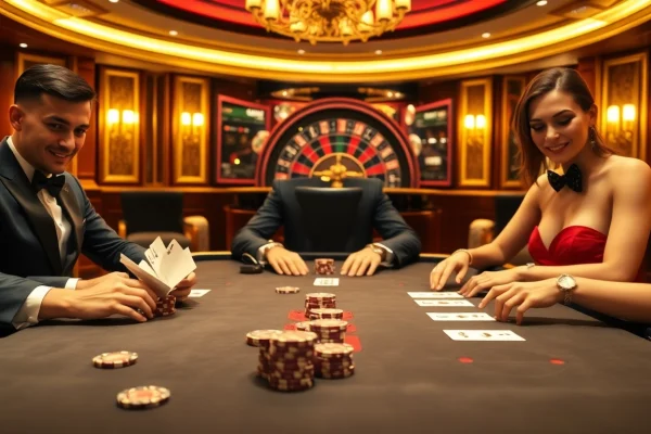 MB66 poker players engaging in a high-stakes game with casino chips and cards.