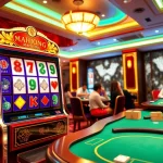 Experience the excitement of demo slot mahjong with a vibrant casino scene featuring colorful slot machines.