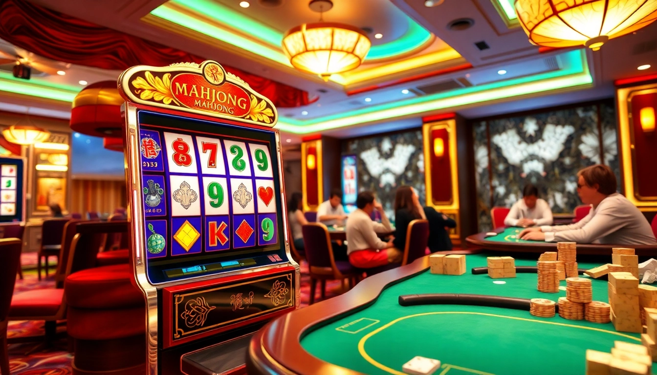 Experience the excitement of demo slot mahjong with a vibrant casino scene featuring colorful slot machines.