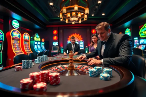 Engaging players at jun88 trang chủ enjoying a lively casino atmosphere with roulette and poker chips.