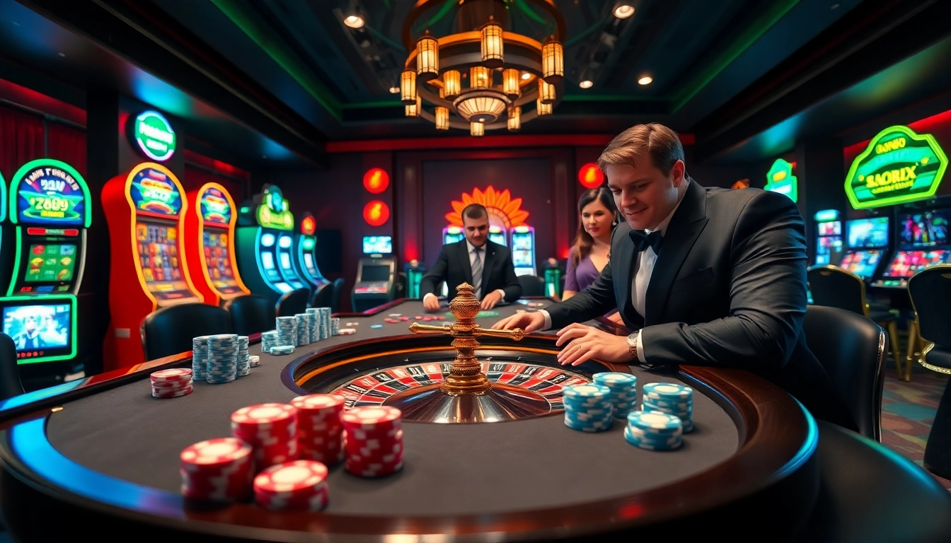 Engaging players at jun88 trang chủ enjoying a lively casino atmosphere with roulette and poker chips.