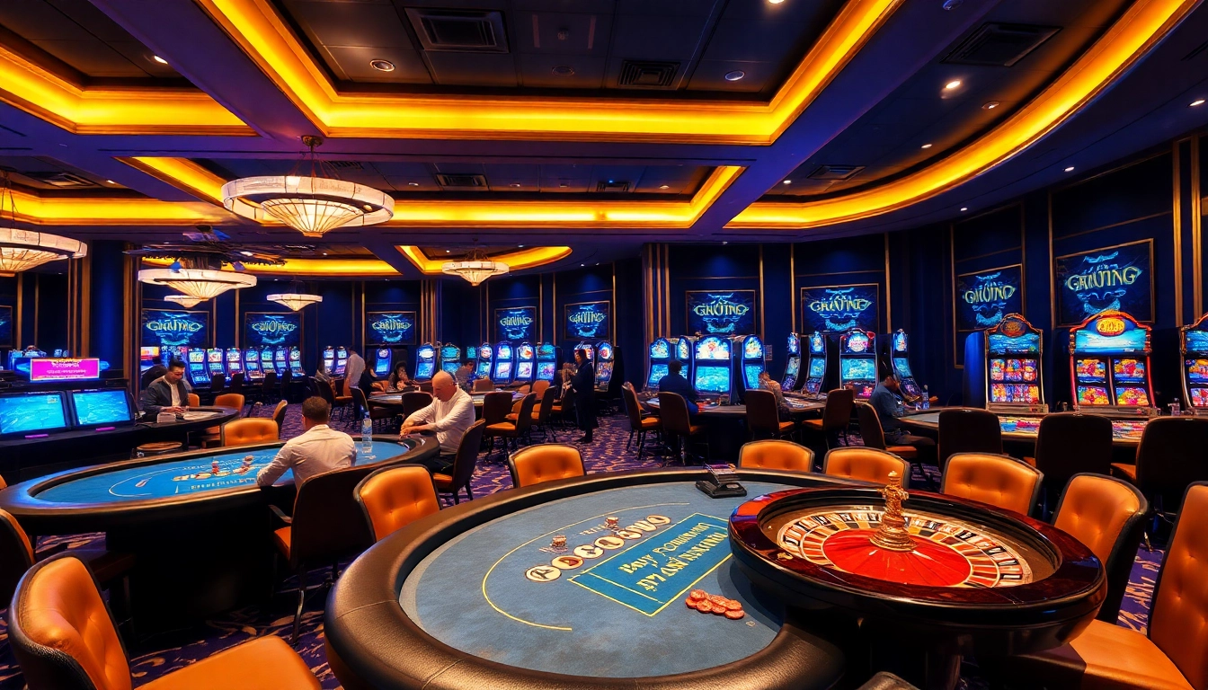Experience the thrill of the ph365 blue edition at a luxurious casino with vibrant gaming tables.