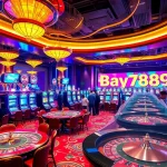 Experience high-stakes gaming at Bay789 with vibrant visuals of casino tables and eager players.