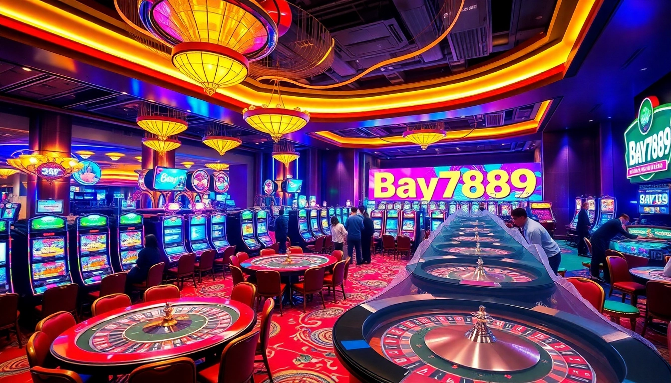Experience high-stakes gaming at Bay789 with vibrant visuals of casino tables and eager players.