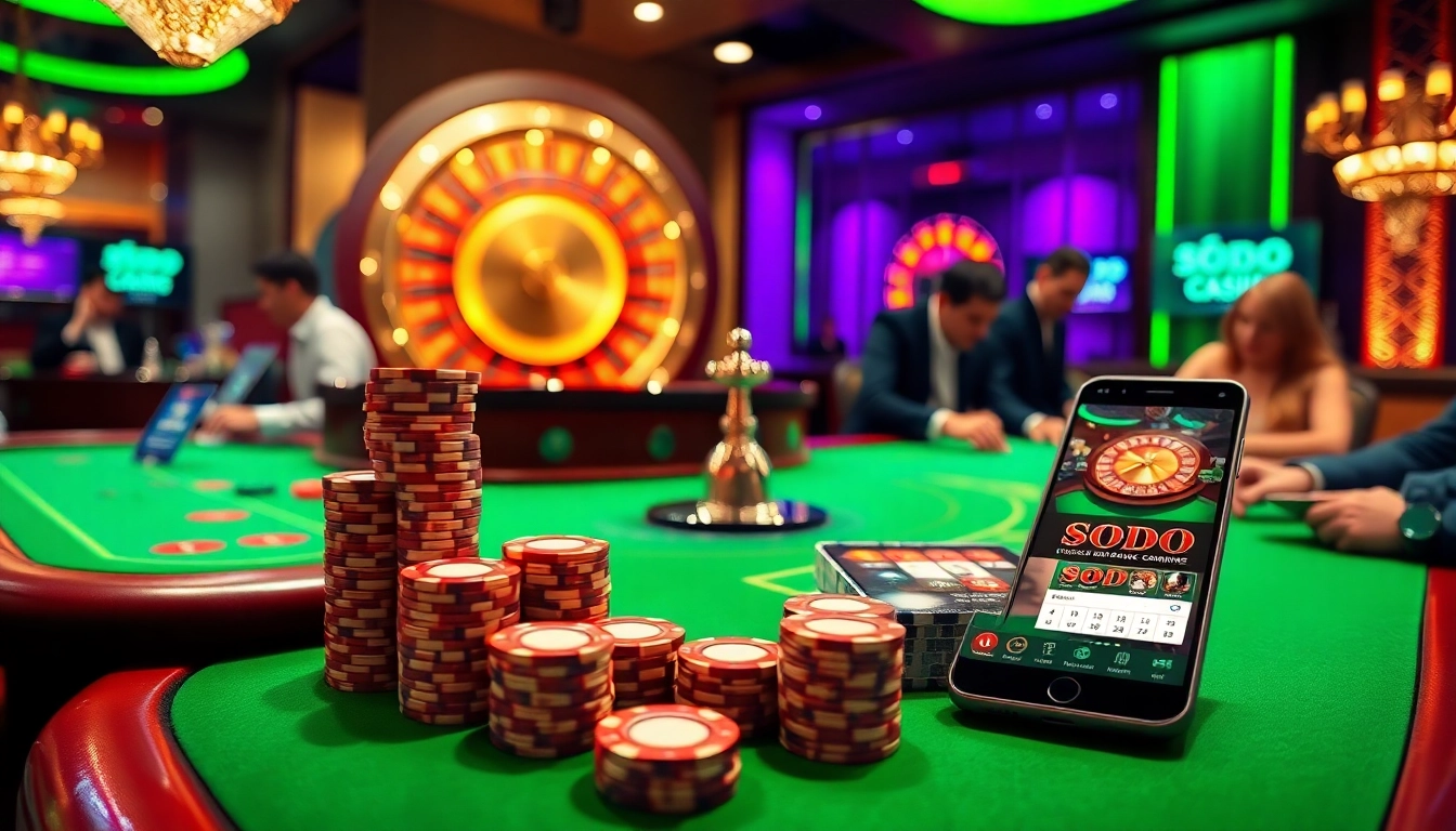 SODO Casino players enjoying thrilling games at a luxurious table with colorful chips.
