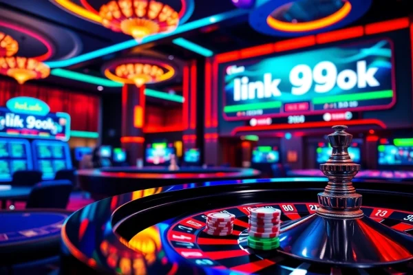 A dynamic scene featuring the link 99ok displayed on vibrant casino interface, showcasing poker chips and roulette wheel.