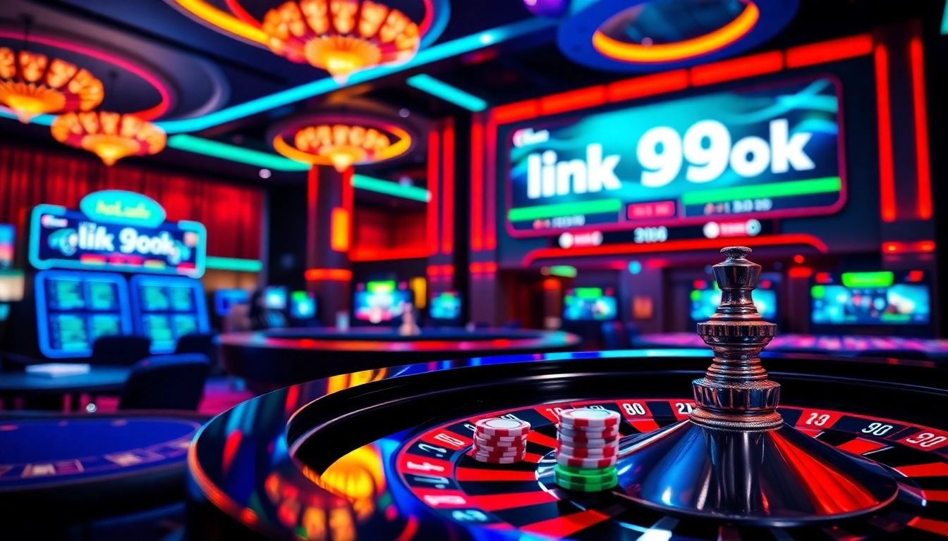 A dynamic scene featuring the link 99ok displayed on vibrant casino interface, showcasing poker chips and roulette wheel.
