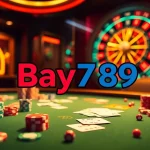 Experience exciting gameplay at Bay789 with vibrant poker chips, cards, and a digital roulette wheel.