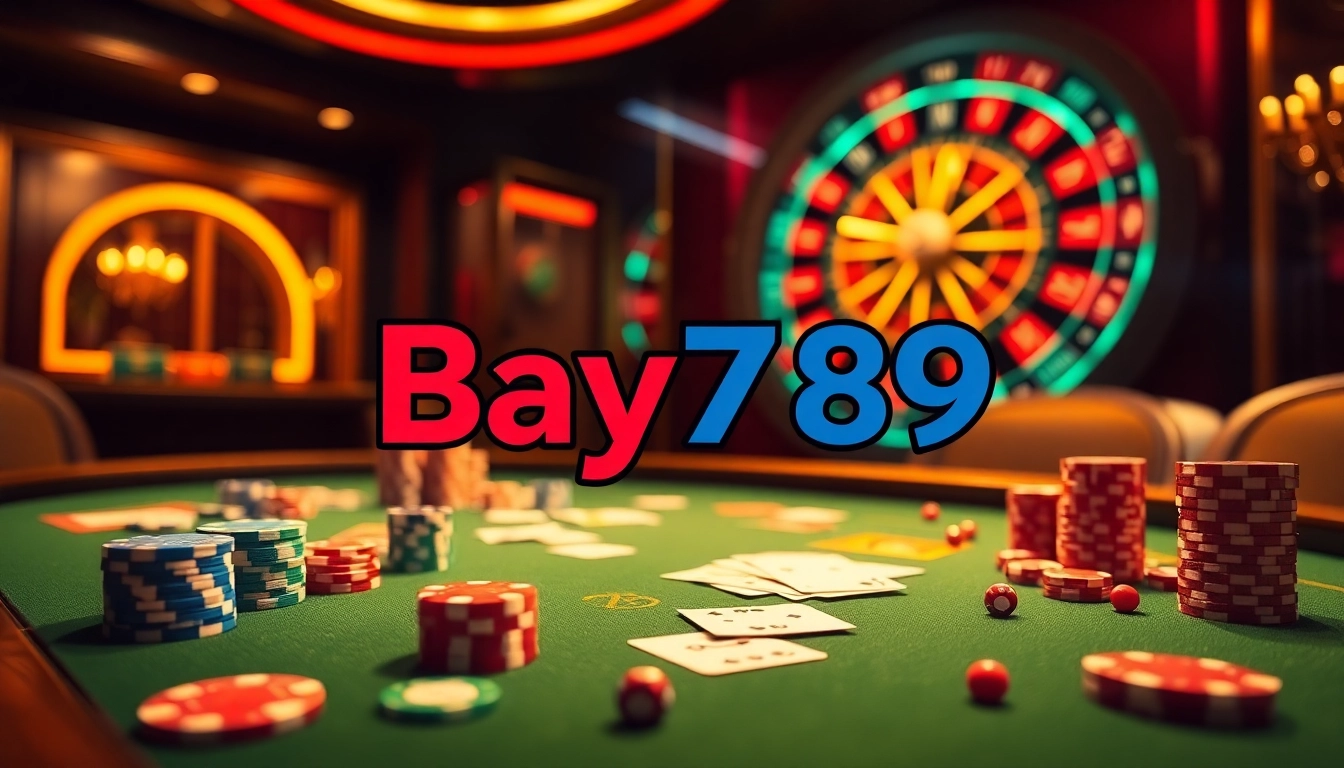 Experience exciting gameplay at Bay789 with vibrant poker chips, cards, and a digital roulette wheel.
