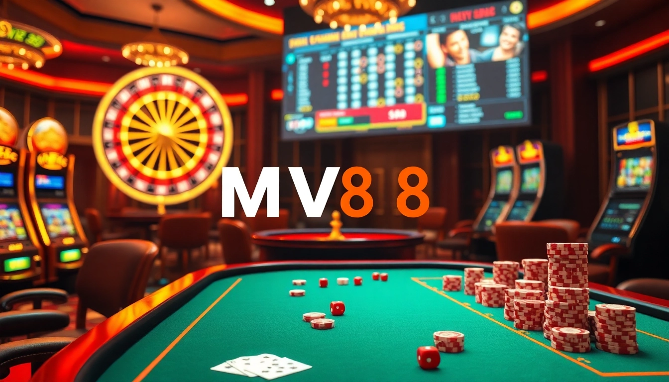Exciting casino atmosphere showcasing MV88 with vibrant gaming tables, roulette wheel, and slot machines.