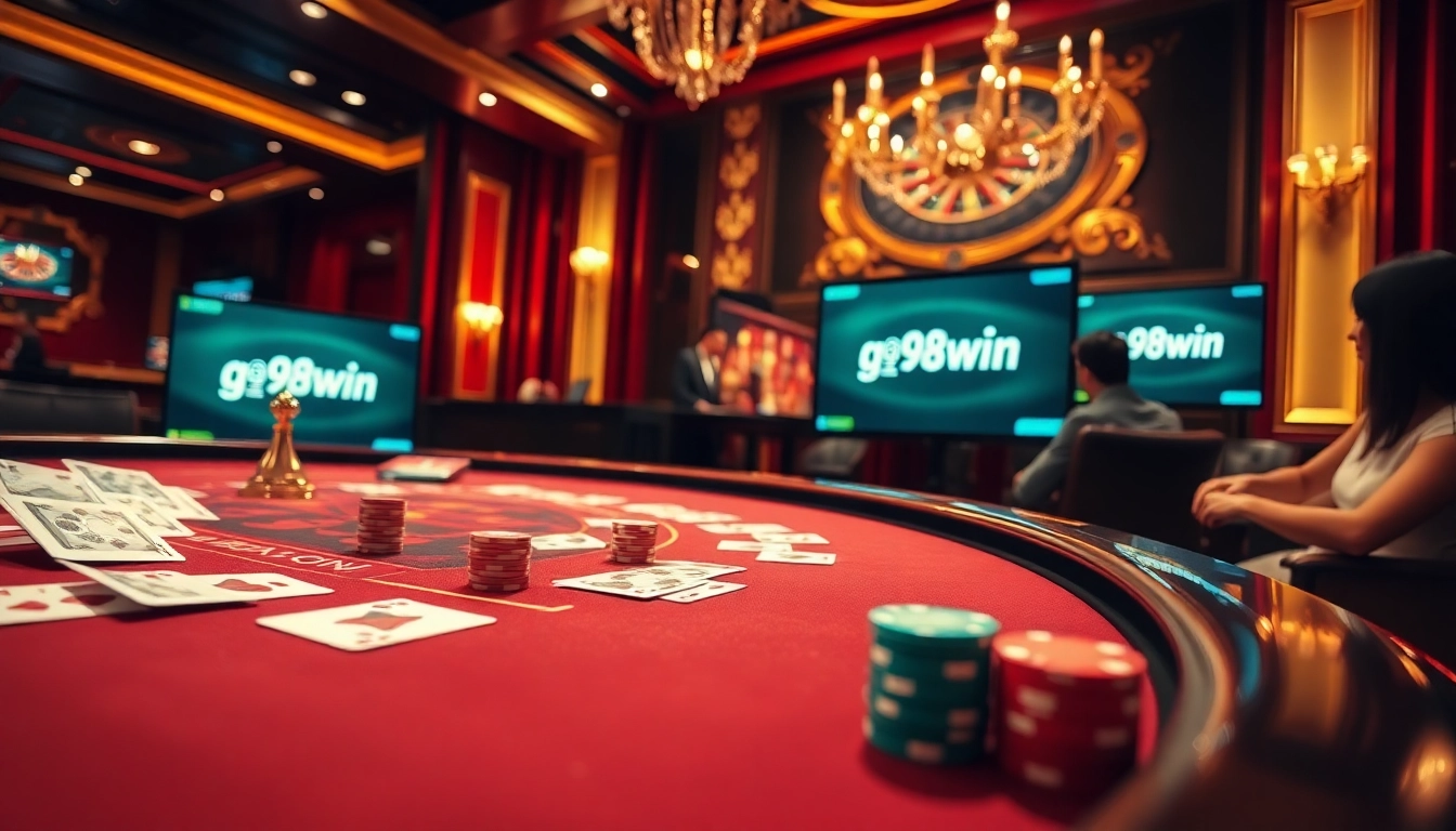 Experience the thrill of game 98win with players at a blackjack table and roulette wheel.