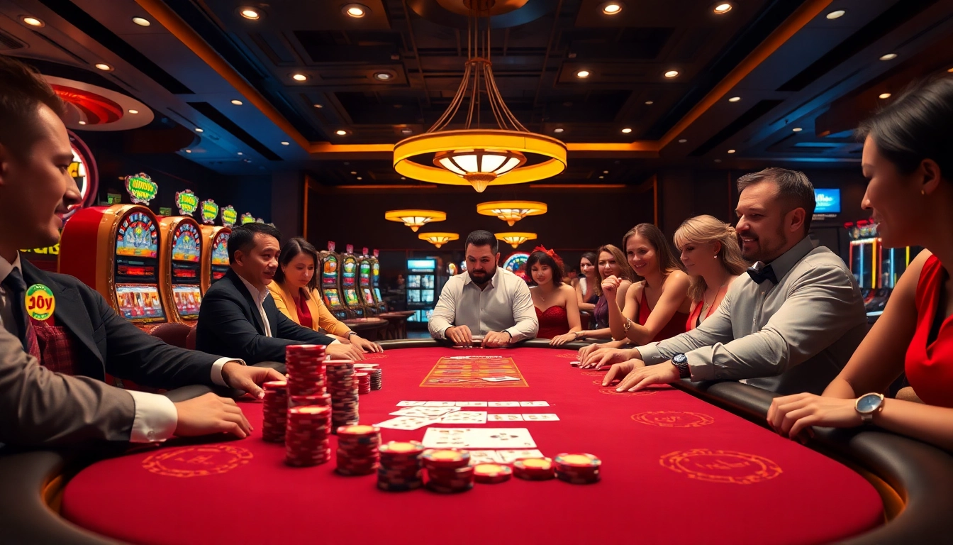 KJC poker action with vibrant players and high-stakes excitement in a luxurious casino setting