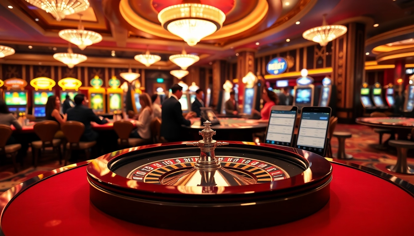 Experience excitement at Nhà Cái DEBET with players engaging at a roulette table in a luxurious casino.
