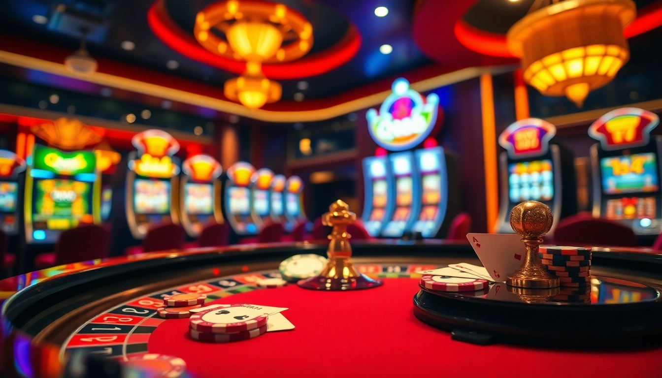 Experience thrilling gameplay at qh88 casino with roulette and poker chips showcasing a vibrant atmosphere.
