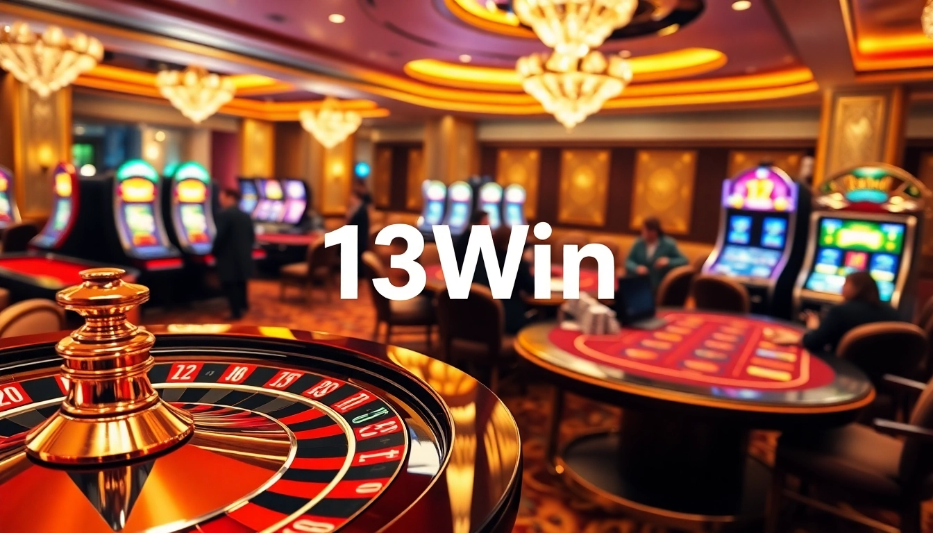Exciting gambling scene at 13Win casino highlighting roulette wheel and poker players.