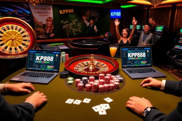 KP88 online casino showcasing thrilling poker action with colorful chips and roulette excitement.