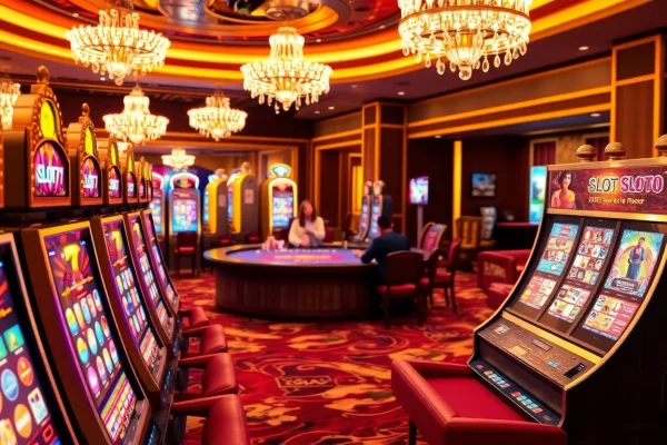 Memainkan mesin slot777 yang mengasyikkan di atmosfer kasino yang semarak dengan lampu berwarna-warni.