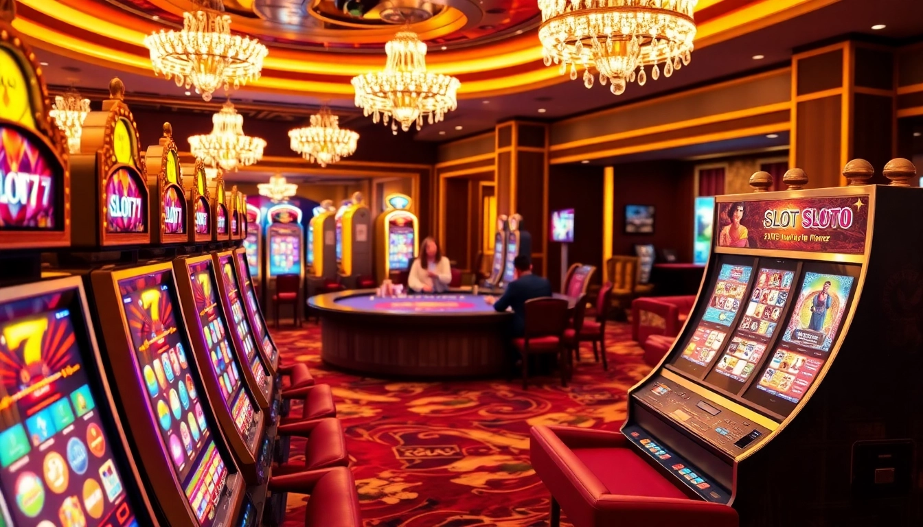 Memainkan mesin slot777 yang mengasyikkan di atmosfer kasino yang semarak dengan lampu berwarna-warni.