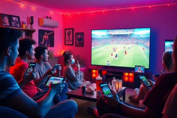Fans enjoying a live football match on https://socolive.com.co/ with various devices in a vibrant setting.