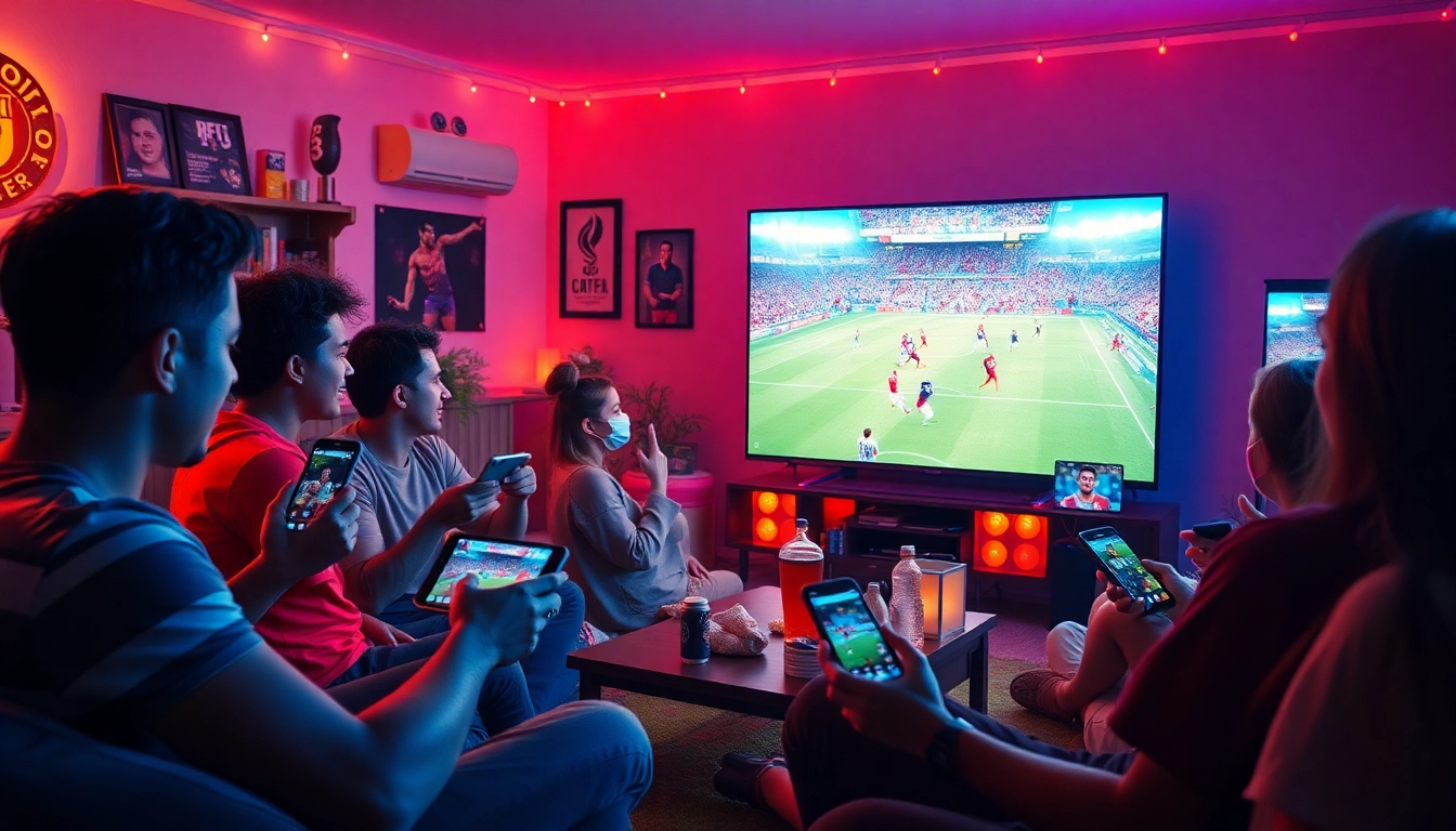 Fans enjoying a live football match on https://socolive.com.co/ with various devices in a vibrant setting.