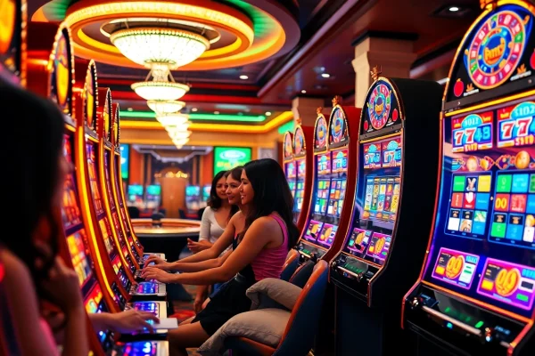 Mesin slot menarik pemain yang antusias di kasino yang cerah, menunjukkan kegembiraan dan potensi kemenangan.
