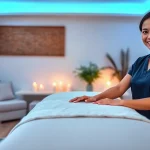 Relaxing scene of 수원출장마사지 with a professional therapist preparing an inviting home massage space.