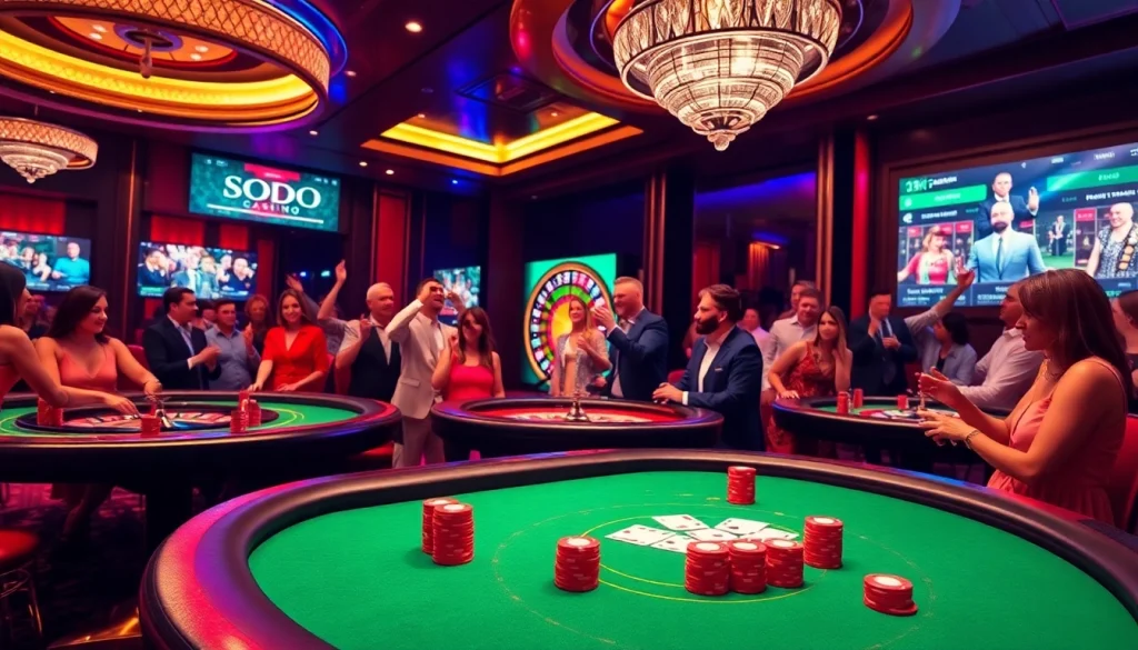 SODO Casino players engaging in a thrilling game of poker at a luxurious table with vibrant chips and cards.