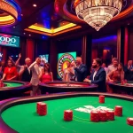 SODO Casino players engaging in a thrilling game of poker at a luxurious table with vibrant chips and cards.