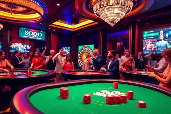 SODO Casino players engaging in a thrilling game of poker at a luxurious table with vibrant chips and cards.