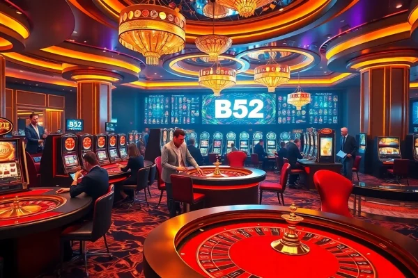 B52 casino players enjoying thrilling roulette and poker games in a sophisticated setting.