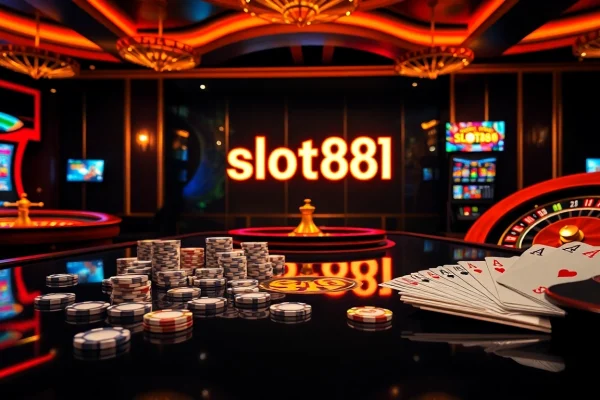 Player engaging with the vibrant slot888 machine in a luxurious casino atmosphere, featuring poker chips and casino cards.