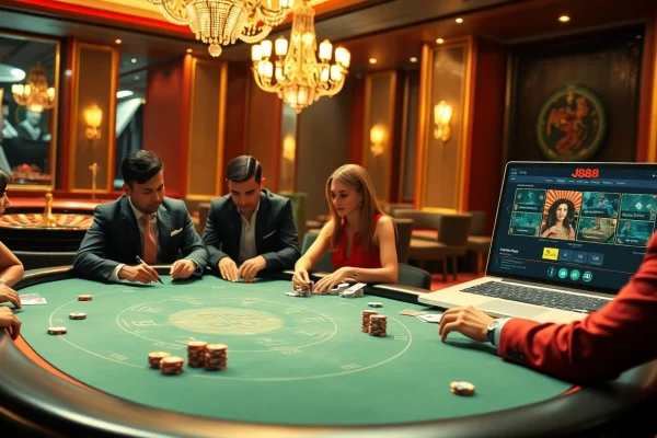 Engaging poker players at J88 casino table with high-stakes action and ambient lighting.
