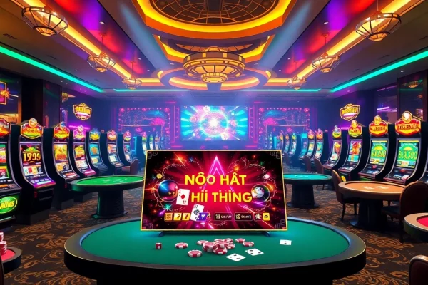 Nổ Hũ Đổi Thưởng displays an exciting online casino scene with vibrant slot machines and action-packed gaming atmosphere.