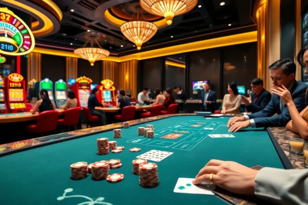 Engaging scene illustrating Lô Đề Trực Tuyến with excited players at a vibrant poker table.