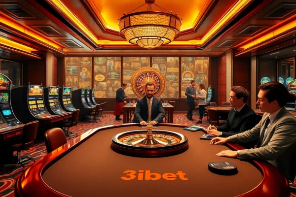 Experience the thrill of gambling at 3Dbet with a vibrant casino scene showcasing players and dealers in action.