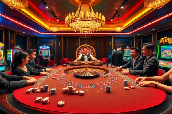 Experience the excitement of King88 at a luxurious casino table filled with vibrant chips and games.