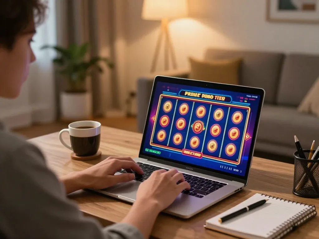 Engaging in slot online gaming from home with laptop showing vibrant slot reels in motion.