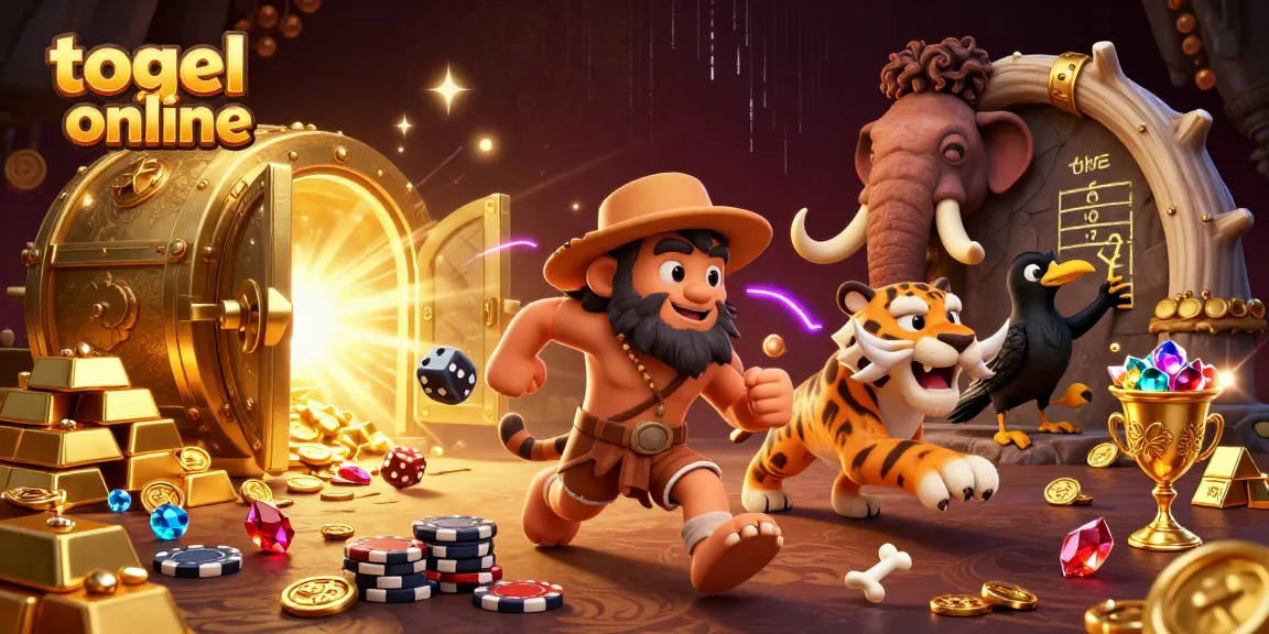 Engage in togel online with this vibrant cartoon scene featuring a prehistoric casino.